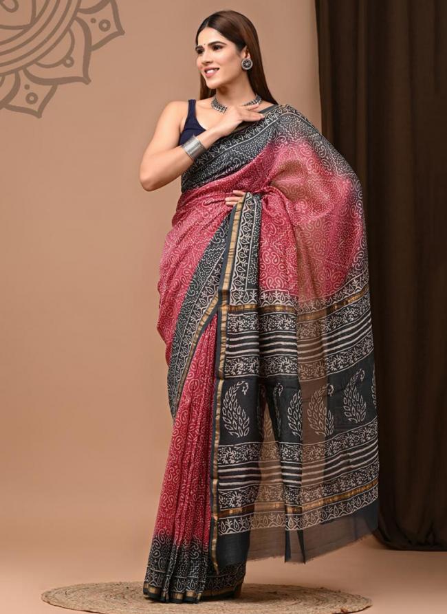 Chanderi Silk Red Festival Wear Printed Saree